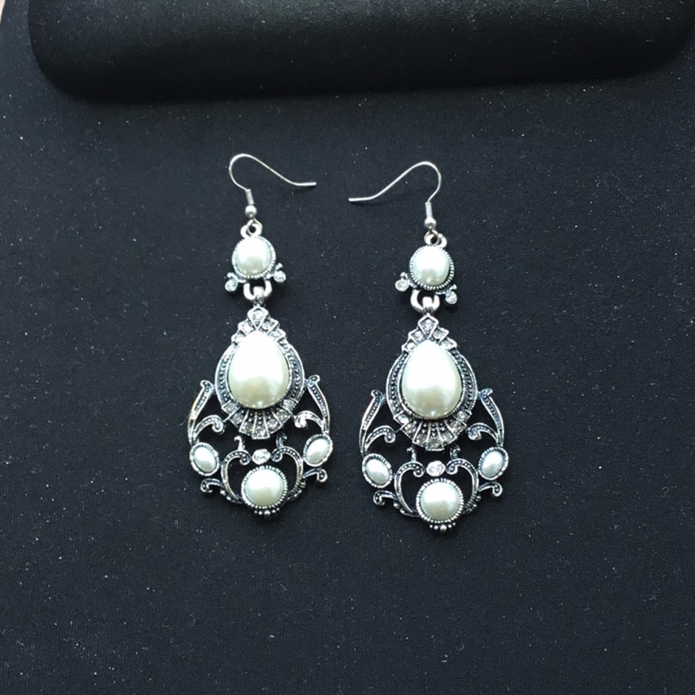 Silver and Pearl Dangle Earrings 3 inch Long